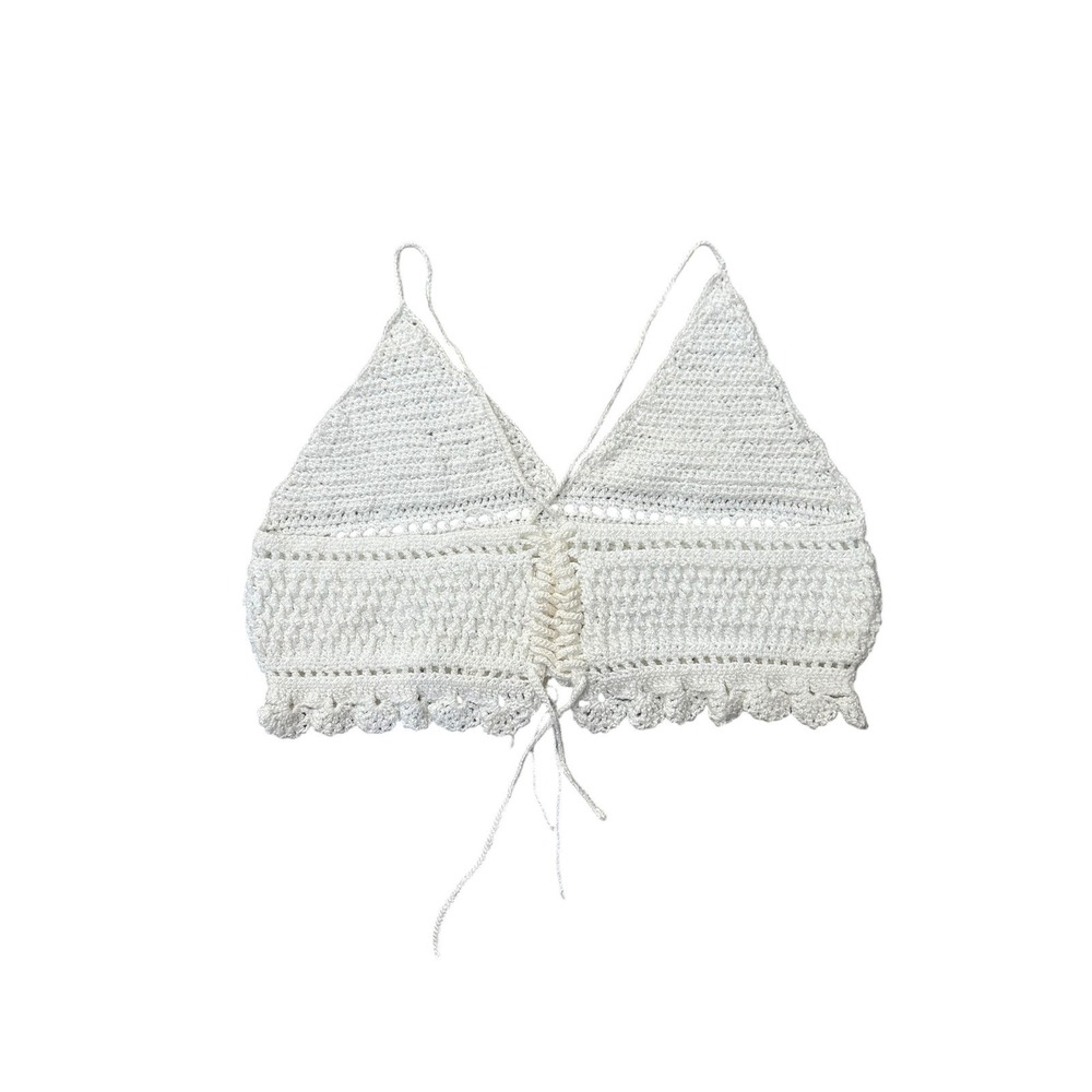 Handmade Crochet Iridescent White Crop Triangle Top L Festival Cottage Boho Knit - Picture 8 of 9